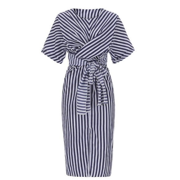 Dresses & Skirts - Blue and White Striped Belted Midi Dress
